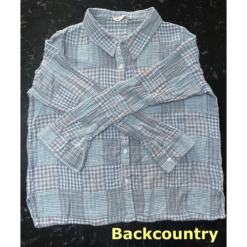 Backcountry - very cute light blue & pink tiny plaid button down shirt